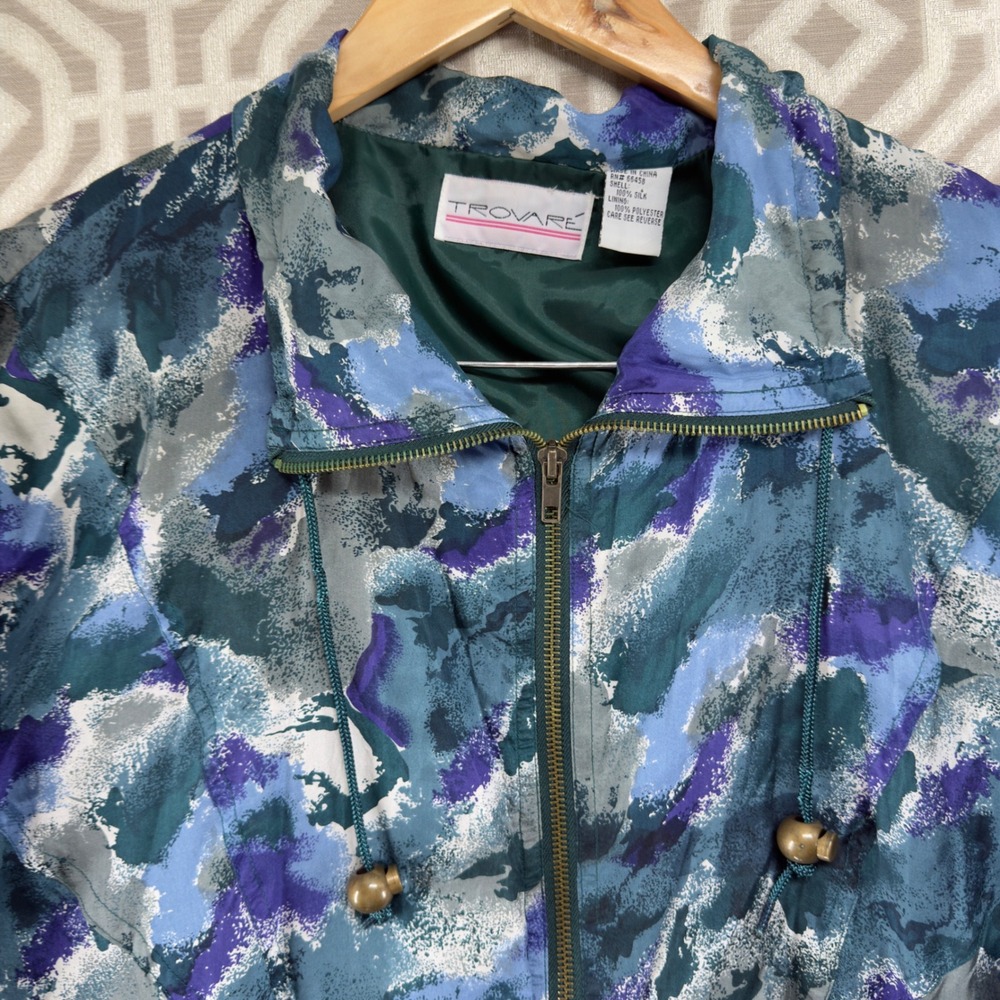 Trovare Vintage 100% Silk Abstract Watercolor Bomber Jacket Blue Purple Womens M - Picture 4 of 8
